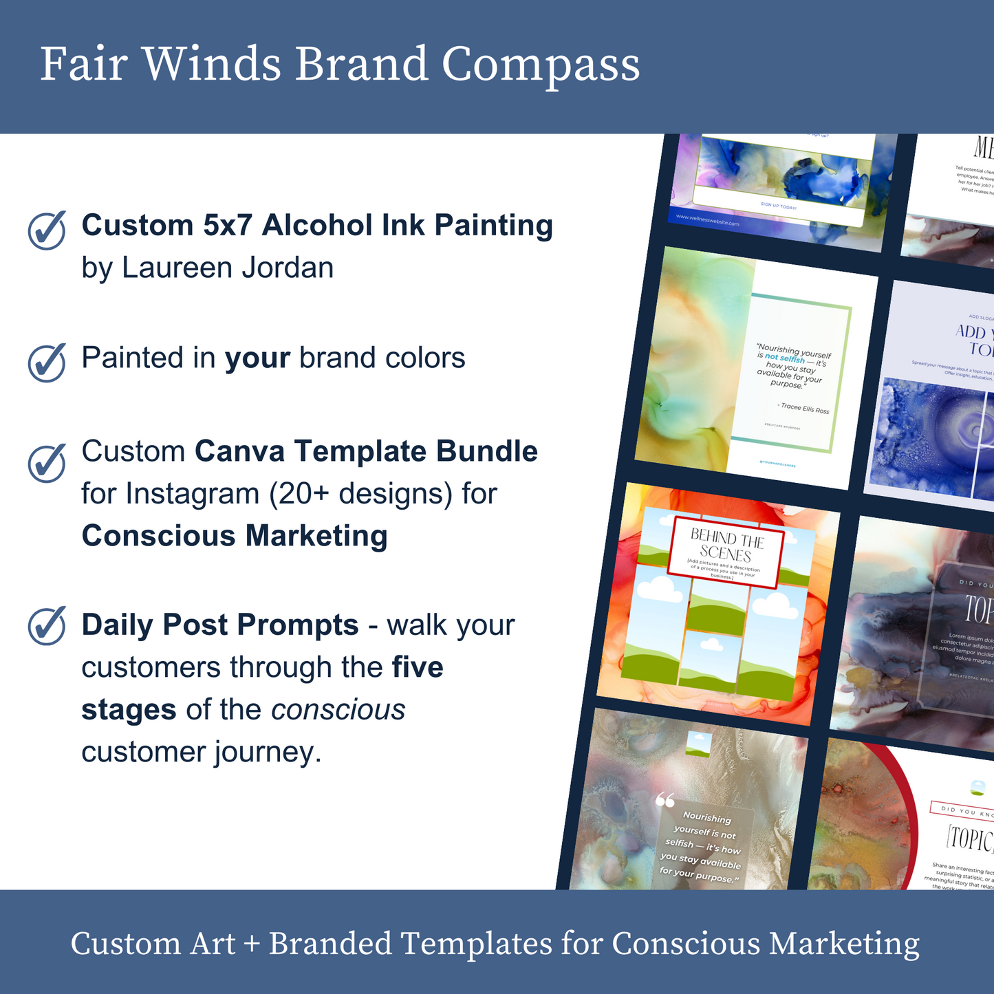 Fair Winds Brand Compass - Custom Alcohol Ink Painting and Conscious Instagram Template Bundle