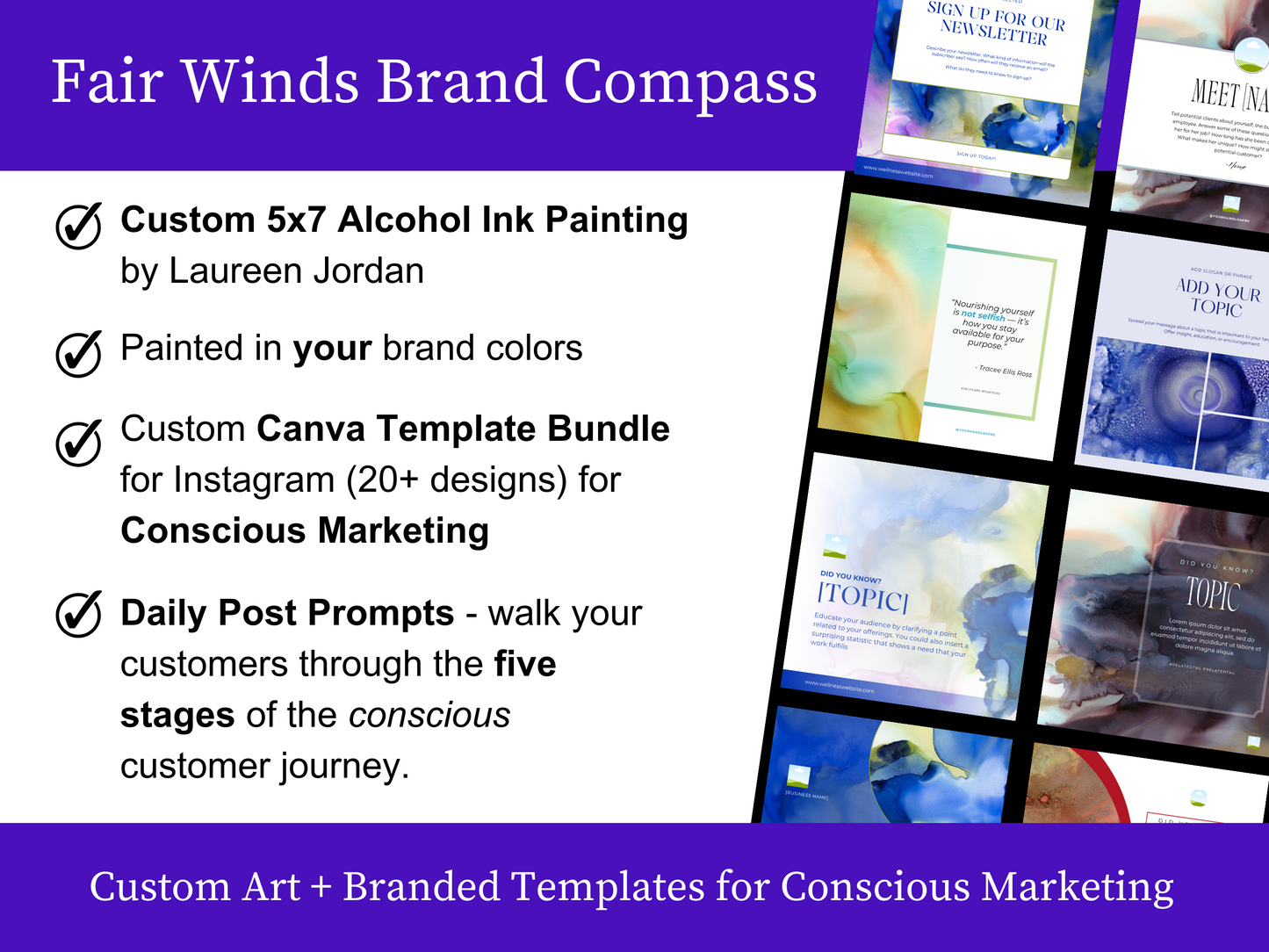 Fair Winds Brand Compass - Custom Alcohol Ink Painting and Conscious Instagram Template Bundle