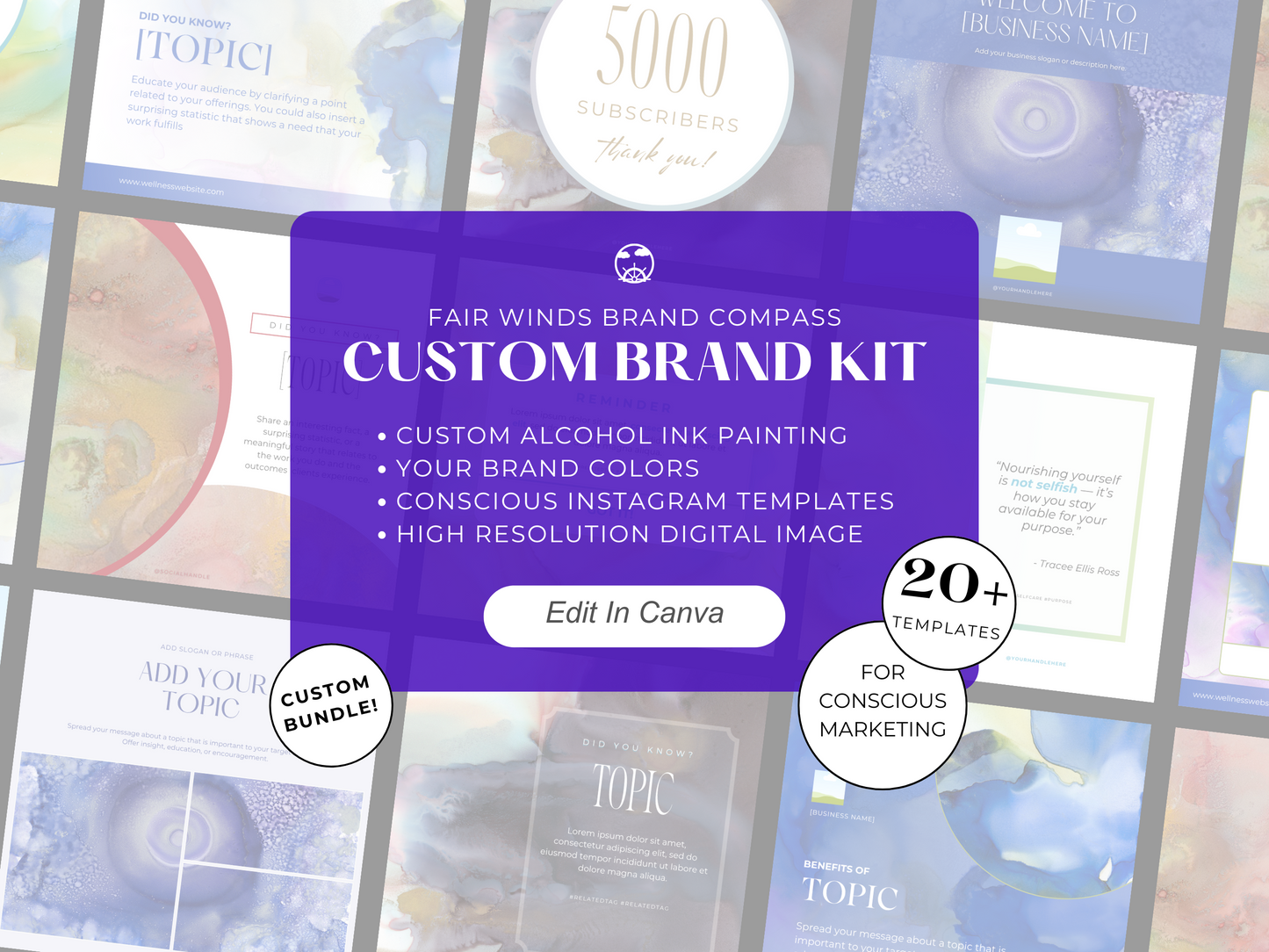 Fair Winds Brand Compass - Custom Alcohol Ink Painting and Conscious Instagram Template Bundle