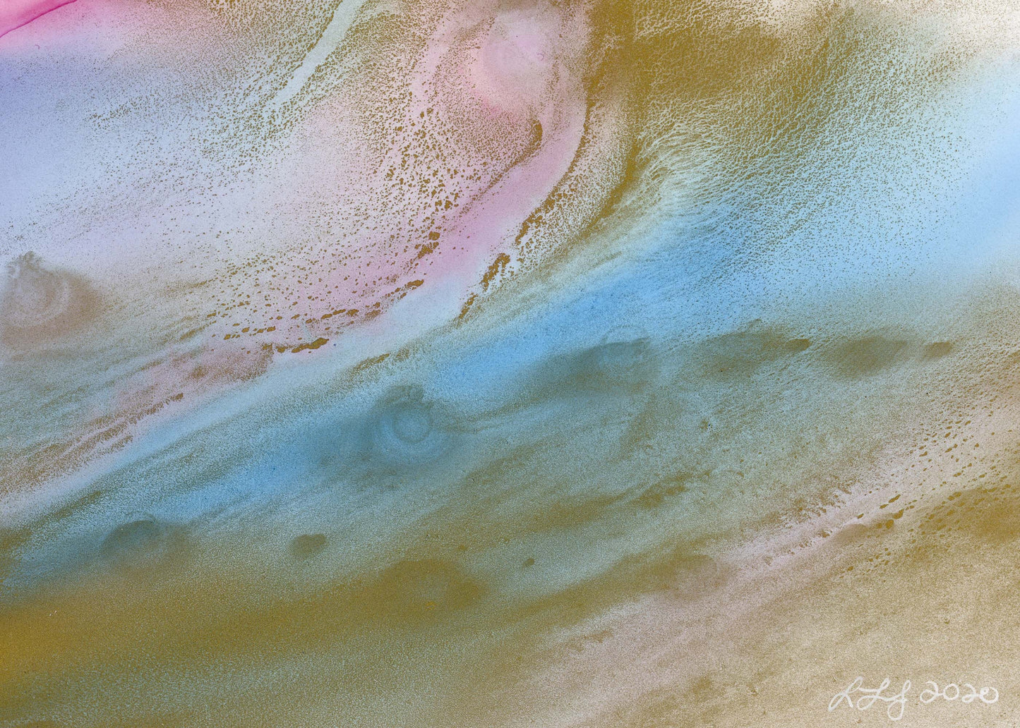 On the Wing - Original 5X7 Alcohol Ink Painting  – Angel Whisper Series by Laureen Jordan  | Pink Blue & Gold | Abstract Fluid Art