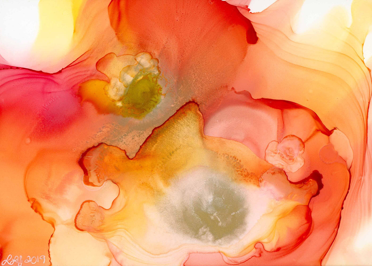 Gabriel’s Flowers - Original 5X7 Alcohol Ink Painting – Angel Whisper Series by Laureen Jordan | Orange Red Yellow and Gold | Abstract Fluid Art