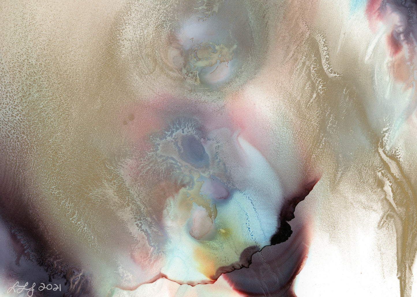 Creation – Original 5X7 Alcohol Ink Painting - Angel Whisper Series by Laureen Jordan | Soft Metallic Taupe Blue and Lavender | Abstract Fluid Art